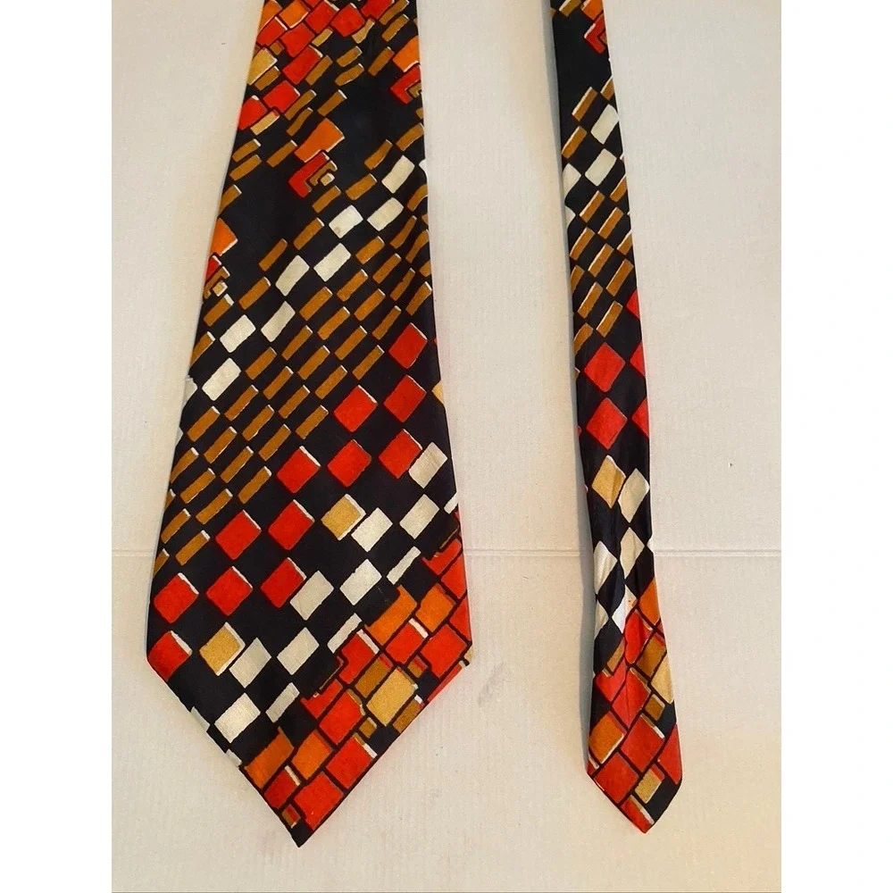 Handloom Pure Silk Tie Mens Geometric Block Pattern Red Orange Black India Made